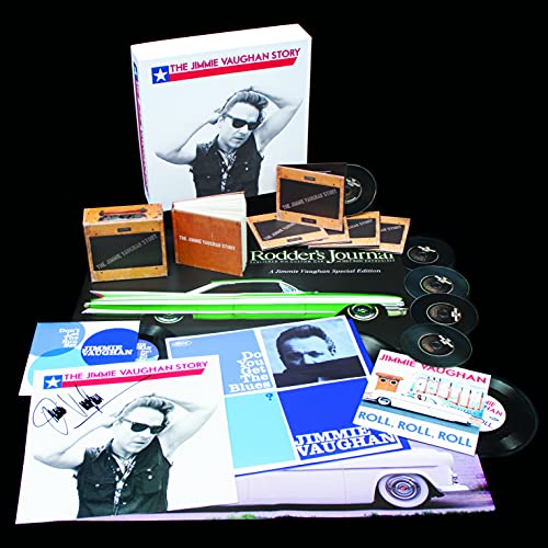 Jimmie Vaughan Story deluxe box set including CDs, booklets, and prints on black background.