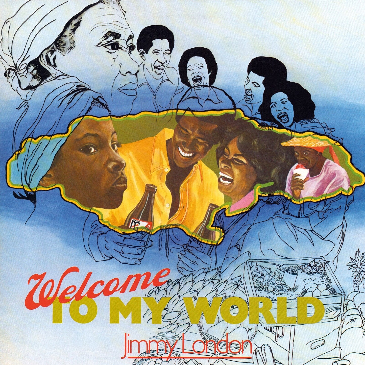 Album cover for Jimmy London’s “Welcome To My World” featuring illustrated portraits.