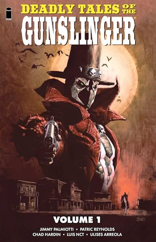Comic book cover: masked gunslinger with a revolver, western town background.