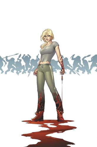 Blonde woman holding a needle, standing in blood with shadowy figures.