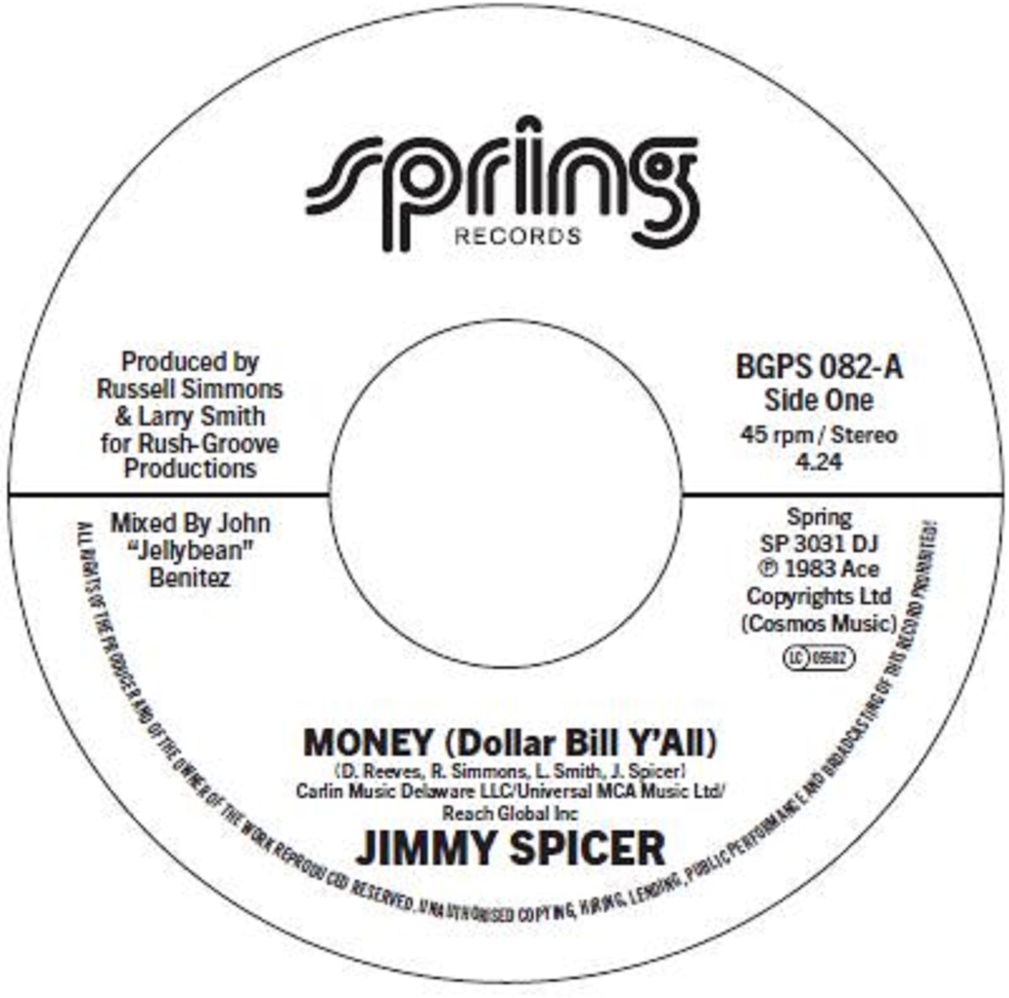 White vinyl record label with black text: "Jimmy Spicer - Money (Dollar Bill Y'all)".