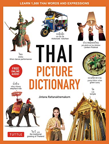 Thai picture dictionary cover with cultural images and text examples.