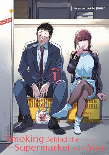 A man in a suit and a woman smoking while sitting on yellow crates.