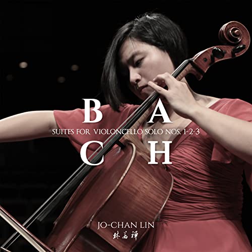 Cellist Jo-Chan Lin with a cello, album cover for Bach suites.