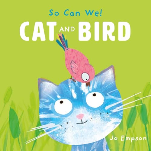 Blue cat with a pink bird perched on its head, green background.