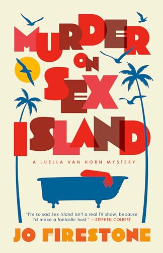 Book cover with bold red text, palm trees, birds, and a blue bathtub.