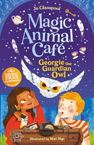 Book cover featuring an owl, two children, and magical cafe elements.