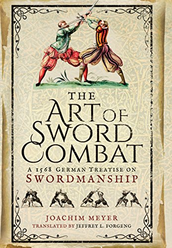 Two men in period clothing engage in sword combat on a beige book cover.