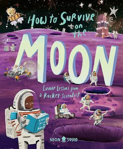 Book cover showing astronauts on a purple moon surface with large text and illustrations.