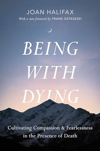 Book cover with large white text reading “Being With Dying” over mountains.