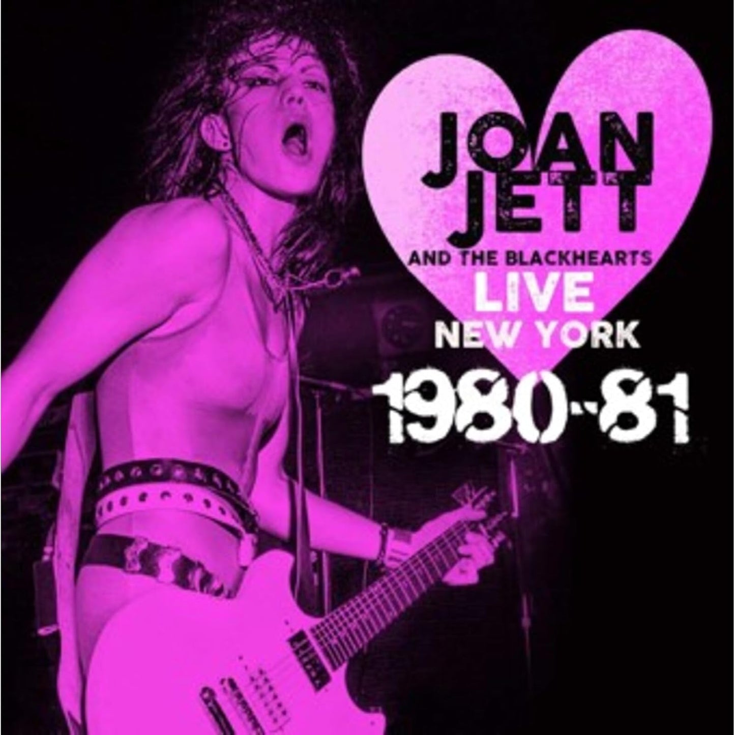 Joan Jett playing guitar, pink and black album cover, 1980-81 live.