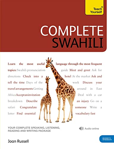 Red "Complete Swahili" book cover with giraffes and text examples.