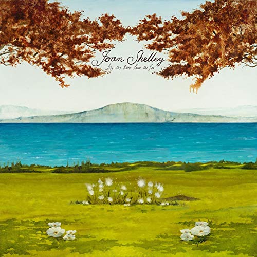 Painting of a green field with white flowers, blue water, and brown autumn trees.