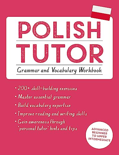 Polish Tutor workbook cover with a Polish flag and text on a pink background.