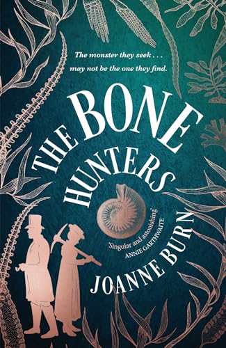 Book cover for “The Bone Hunters” with figures and fossil illustration.
