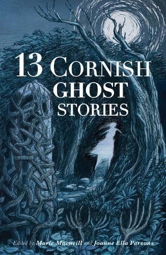 Book cover illustration featuring a ghostly figure, ancient stone, and trees under a moon.