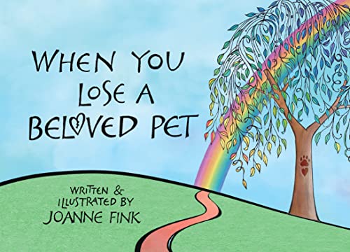 Book cover with rainbow, tree, and paw print; title: "When You Lose a Beloved Pet".