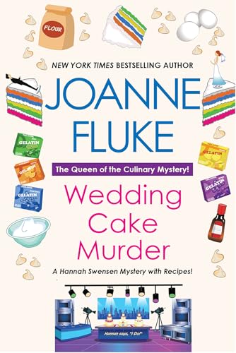 Book cover for "Wedding Cake Murder" with cake, ingredients, and bakery scene.