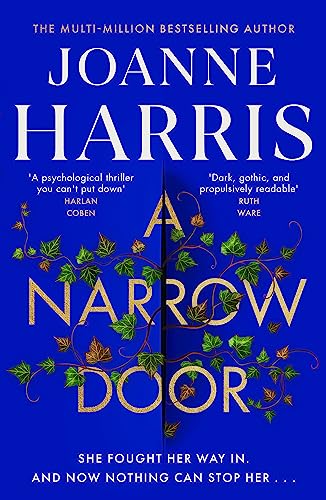 Book cover: "A Narrow Door" by Joanne Harris, with vines and gold lettering.