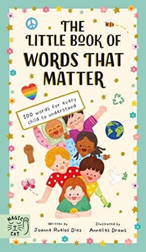 Book cover featuring a diverse group of children and icons on a cream background.