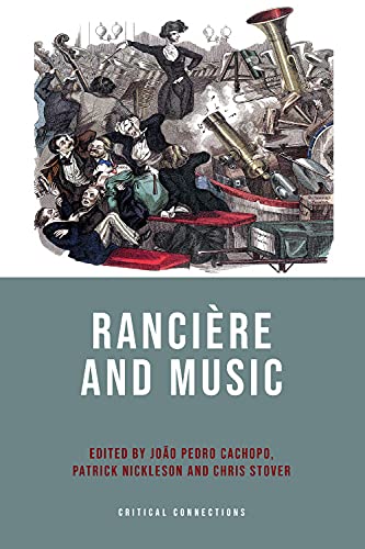 Book cover: "Ranciere and Music" with vintage illustration of musicians.