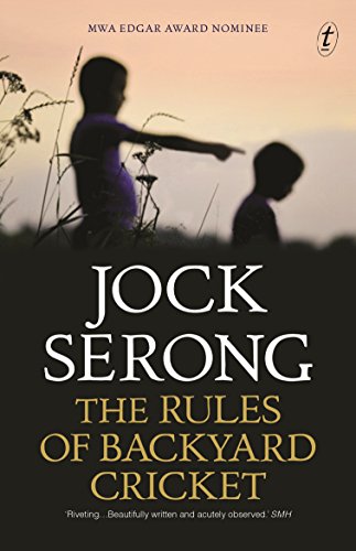 Book cover: two silhouetted boys in a field, title “The Rules of Backyard Cricket”.