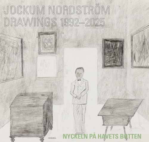 Book cover: graphite drawing of a man in a room with paintings.