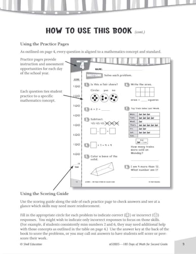 Second grade math workbook page with practice problems and scoring guide.