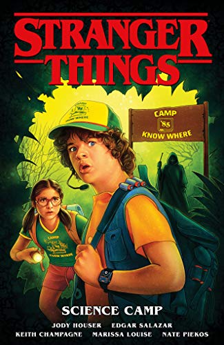 Comic book cover featuring Dustin and a girl in a forest at Camp Know Where.