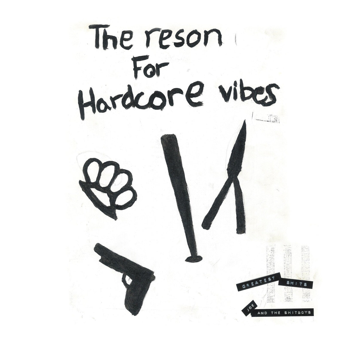 White album cover with black scribbles, a gun, and hand drawing.