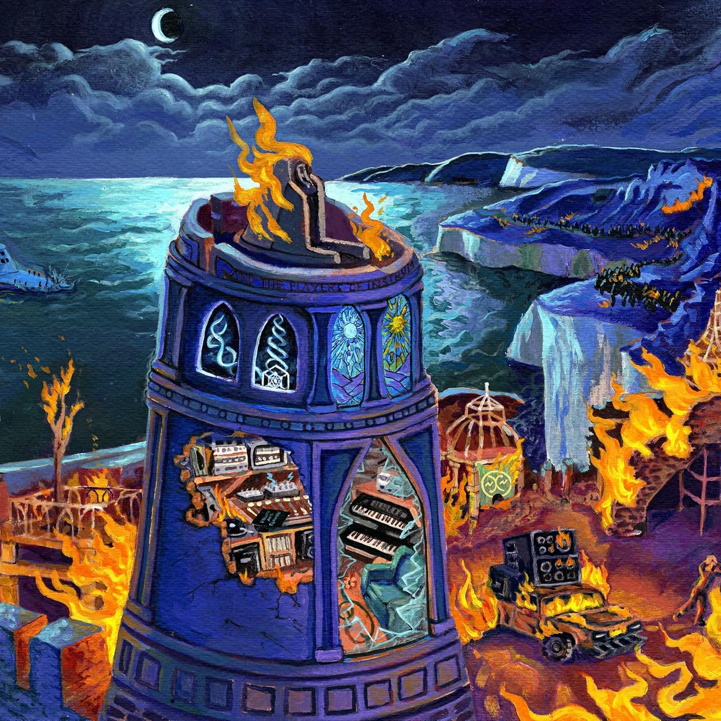 Painted tower engulfed in flames under a night sky with a crescent moon.
