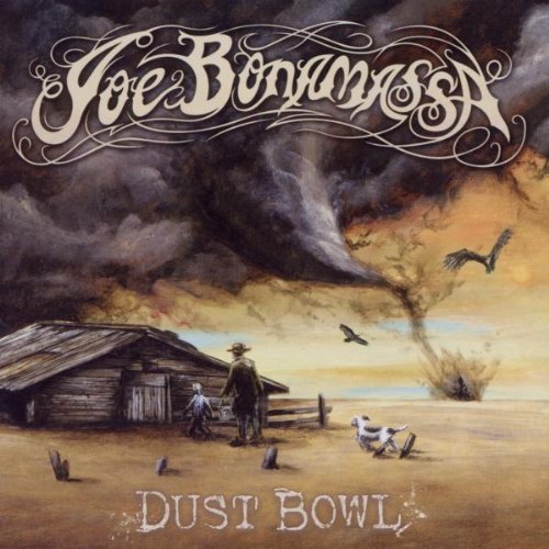 "CD cover art: 'Dust Bowl' by Joe Bonamassa, depicting a man and farm in a tornado."