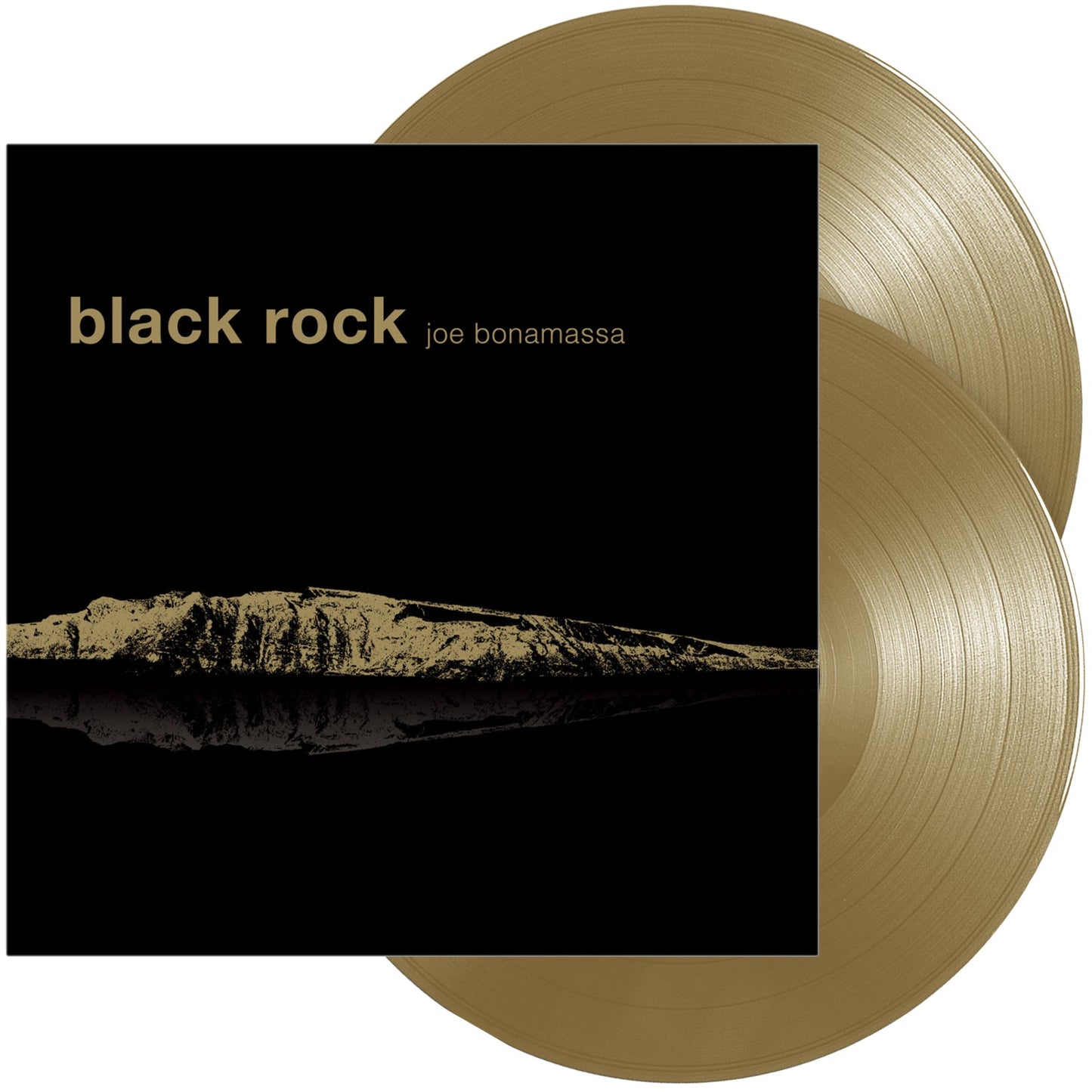 Joe Bonamassa Black Rock album cover with two gold vinyl records behind it.