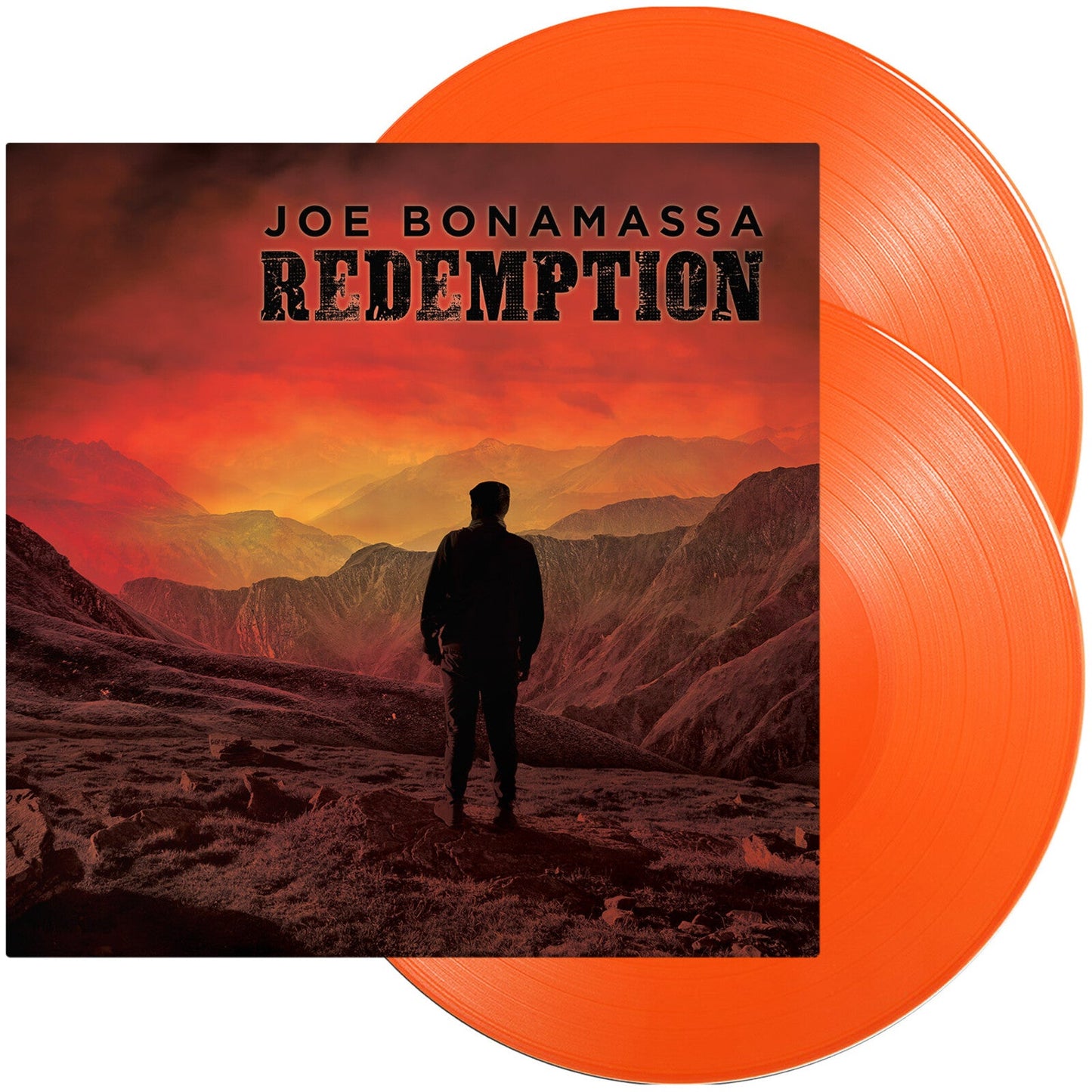 Two orange vinyl records with album cover featuring a silhouetted figure.