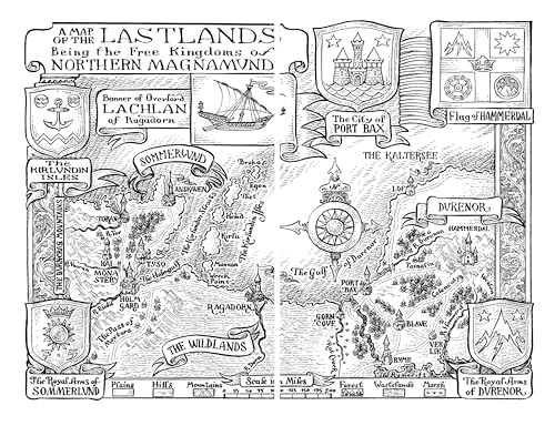 Detailed black and white map of a fantasy world, with crests and a ship.