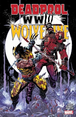 Deadpool and Wolverine in action pose, comic book cover art.