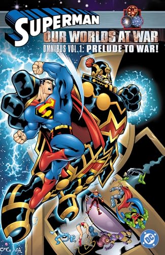 Superman faces a large, armored villain amidst falling heroes and energy blasts.