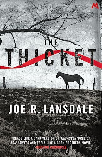 Book cover: "The Thicket" with a horse in a dark, wooded landscape.