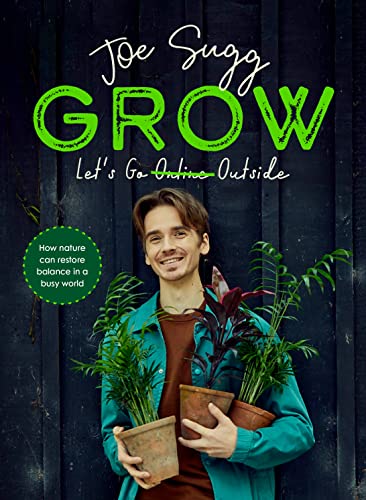 Book cover: "Grow" with a young man holding potted plants.
