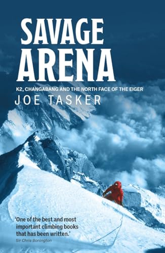 Book cover featuring a snowy mountain range and a climber in red.
