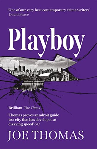 Book cover for "Playboy" by Joe Thomas, with a city skyline background.