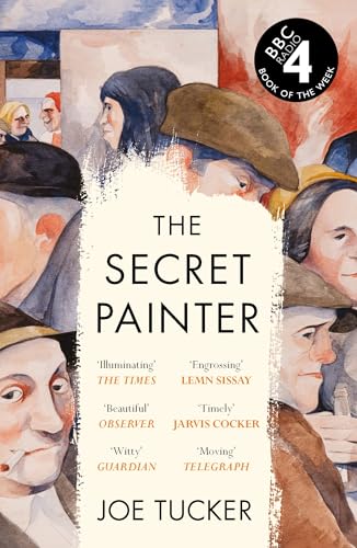 Book cover for The Secret Painter by Joe Tucker featuring watercolor portraits of people.