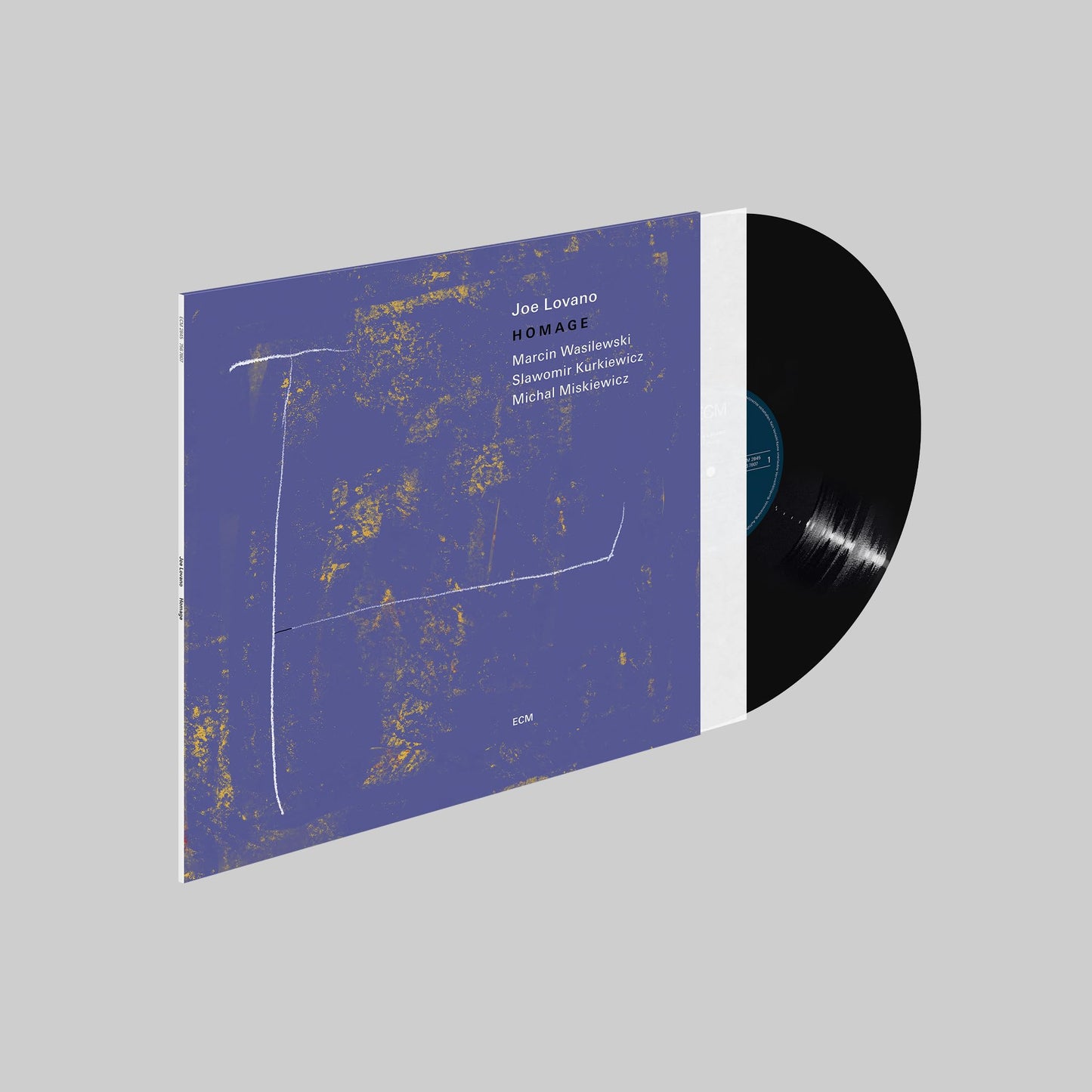 Vinyl record with abstract blue and yellow cover art, featuring text.