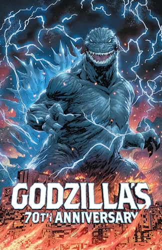 Godzilla roaring with blue energy, text reads "Godzilla's 70th Anniversary".