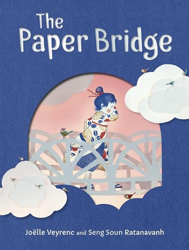 Book cover showing a girl in a patterned kimono walking across a paper bridge.