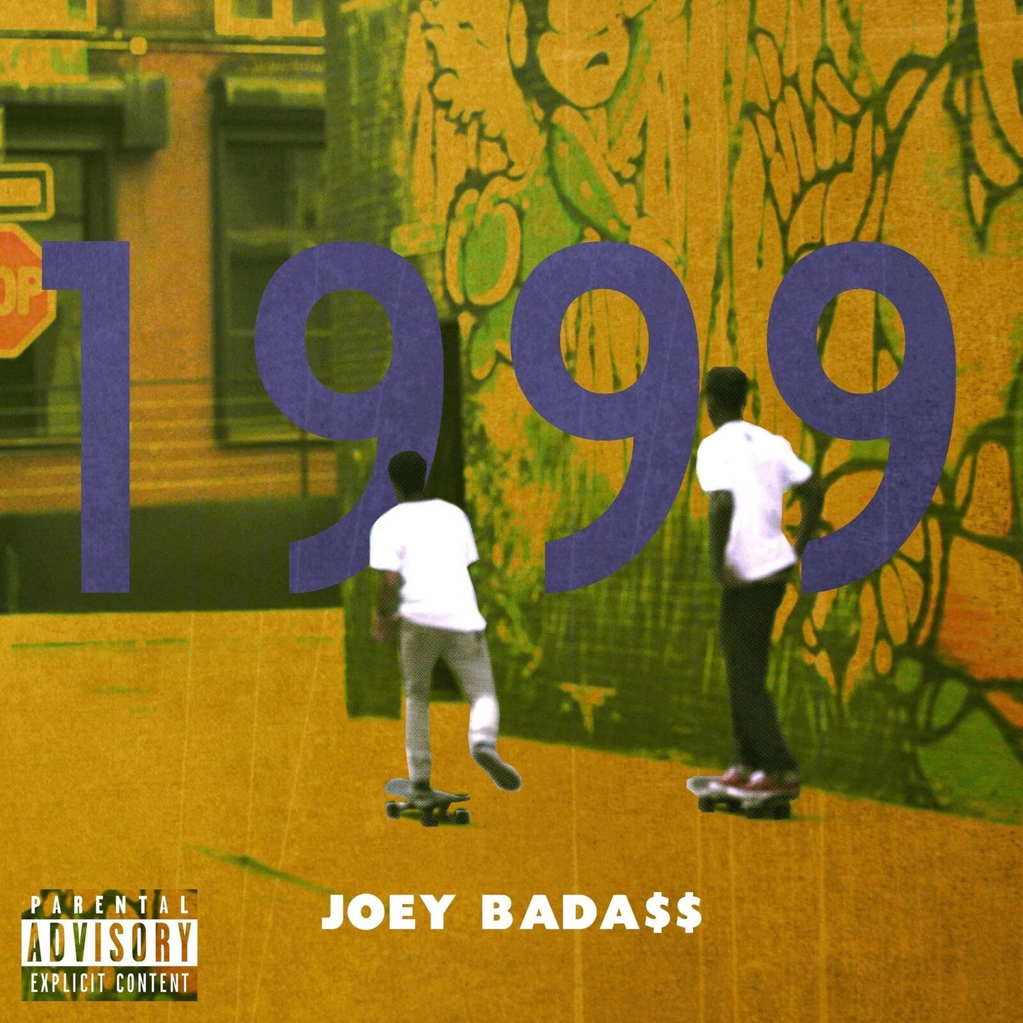 Two people skateboarding in front of a graffiti wall with large 1999 text overlay.