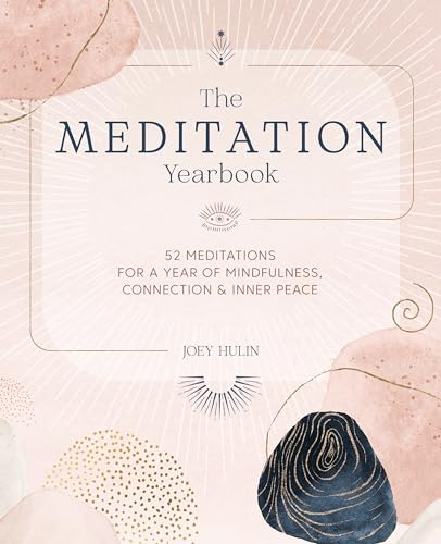 Book cover titled The Meditation Yearbook with abstract pink shapes and gold line art.