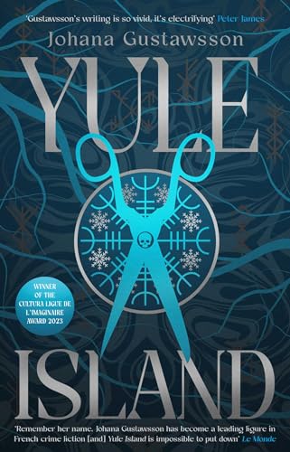 BookCLBook cover for Yule Island featuring large blue scissors over a circular symbol.
