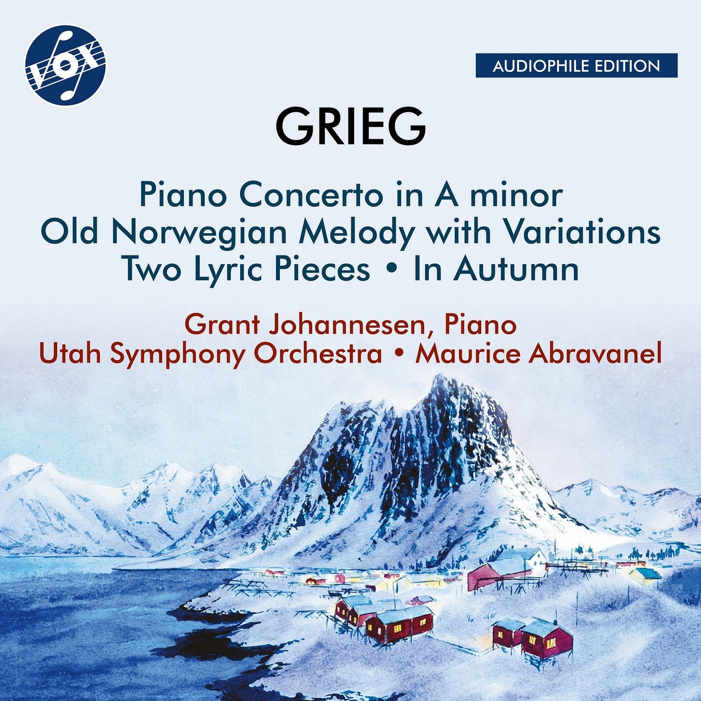 CD cover for Grieg’s Piano Concerto with snowy mountain landscape.