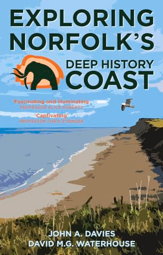 Book cover: Norfolk coastline illustration with mammoth silhouette and blue sky.